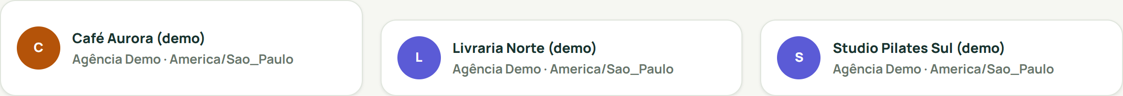 Marcas Café Aurora, Livraria Norte e Studio Pilates Sul em uma operação de demonstração.