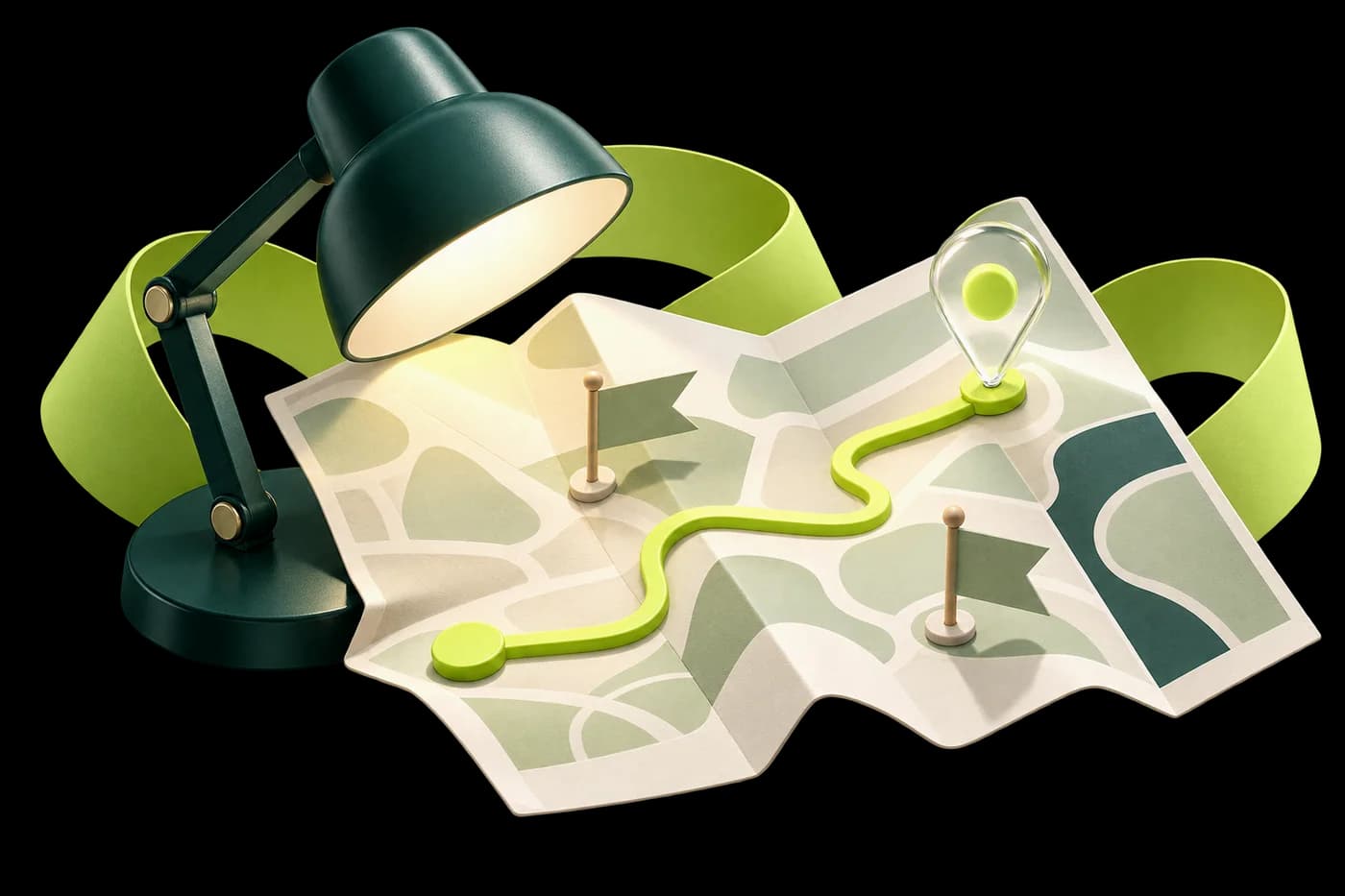 Mapa de papel com caminho lima e ponto de orientação.