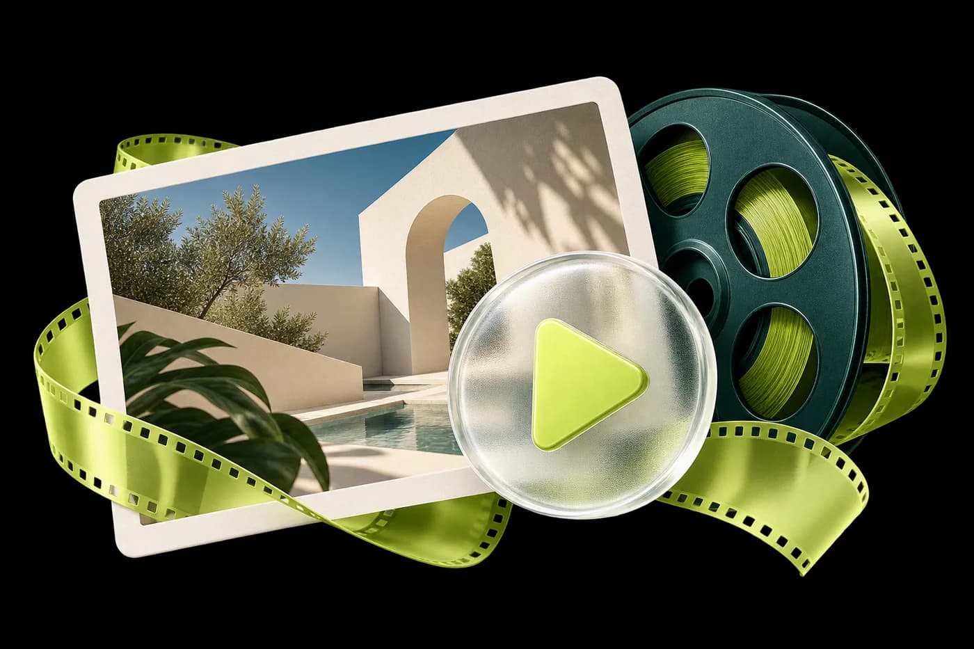 Quadro de vídeo horizontal com botão de reprodução e rolo de filme.