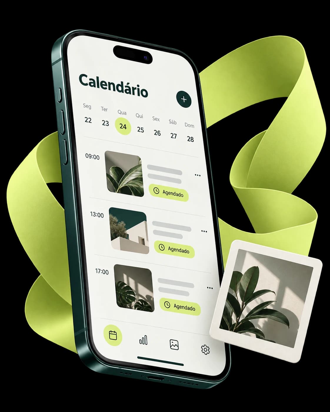 Mockup ilustrativo de iPhone com calendário de publicações e uma fita lima envolvendo o aparelho