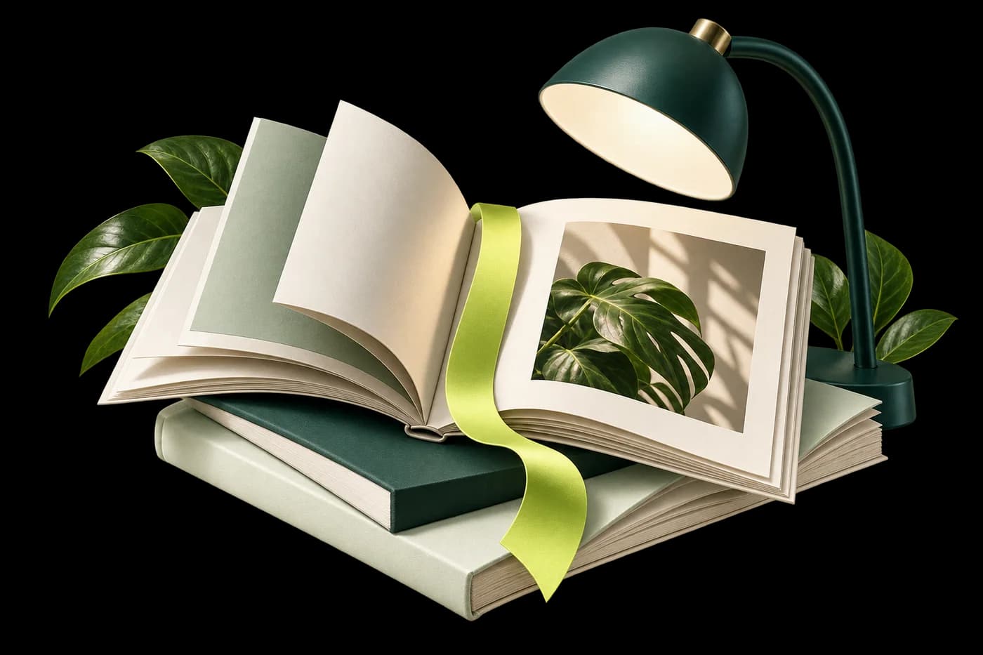 Guias de papel com marcador lima e luminária de leitura.