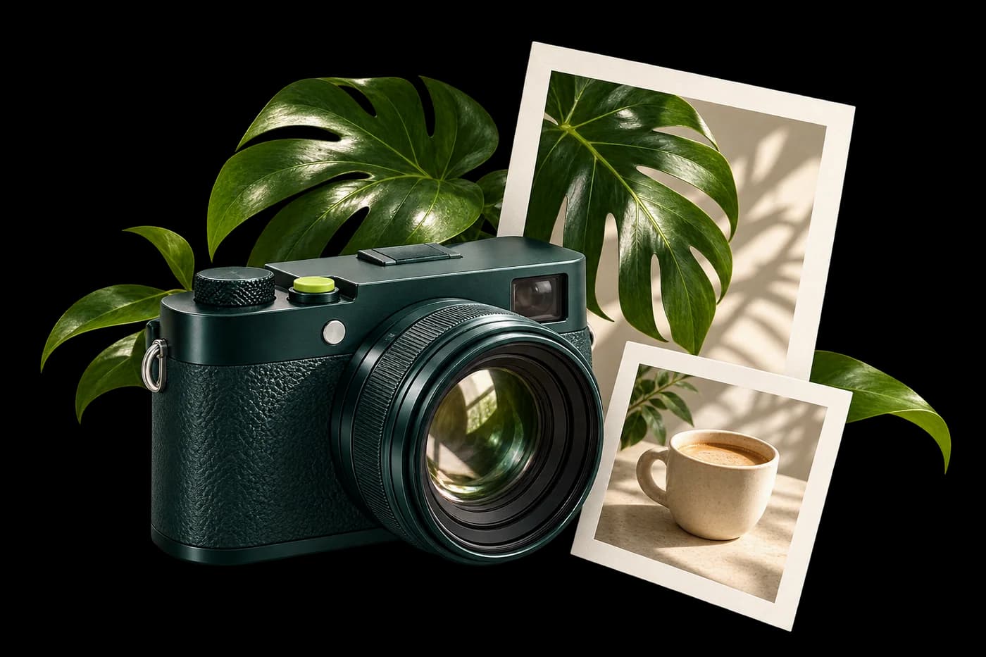 Câmera fotográfica e imagens editoriais para conteúdo visual.