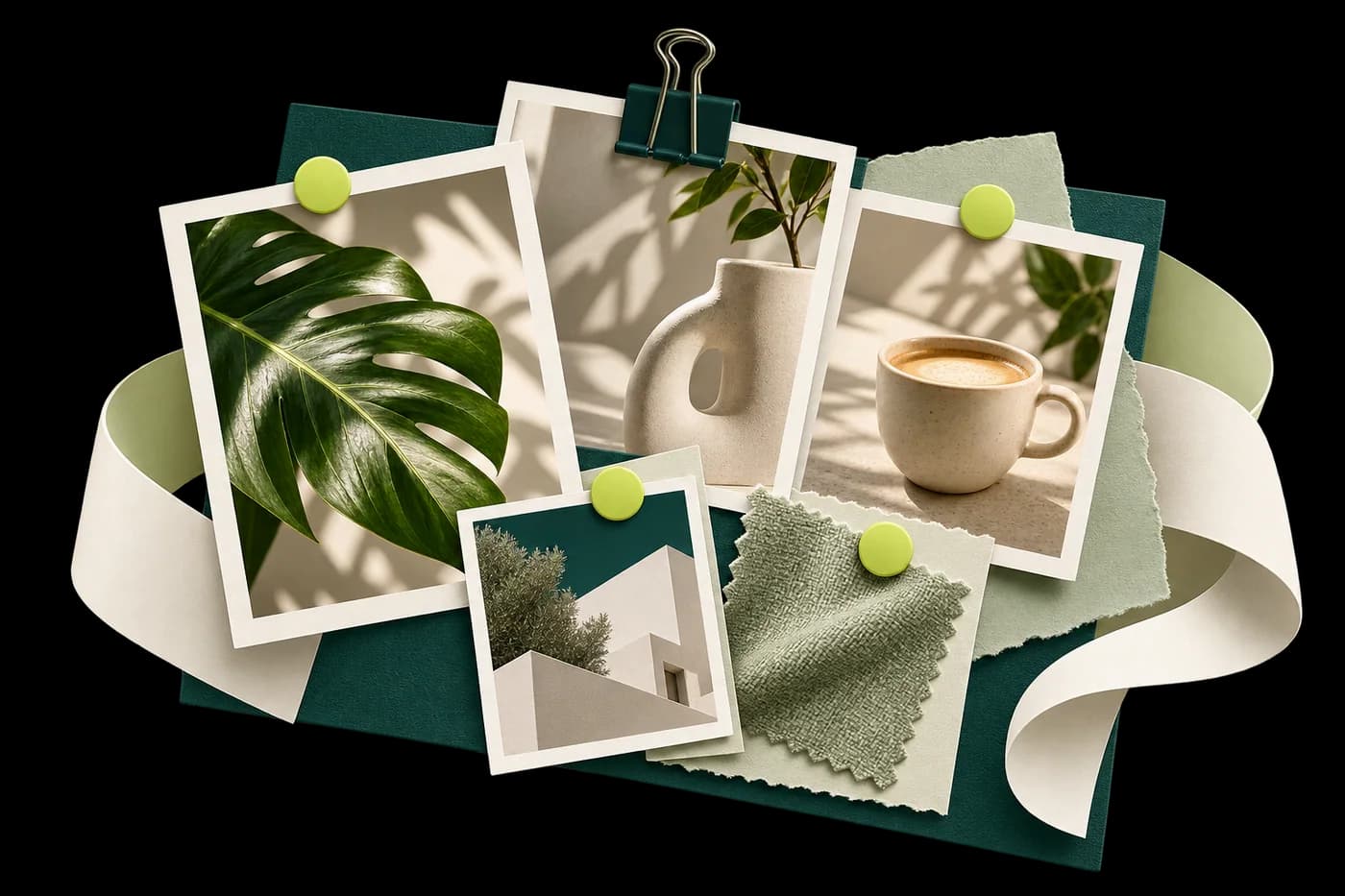 Painel de inspiração com fotografias, amostras e alfinetes lima.