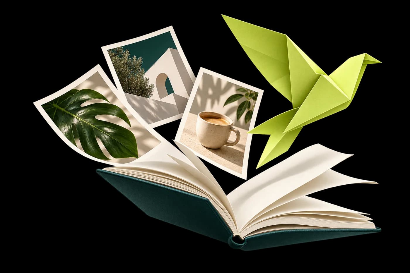 Pássaro de origami lima levantando voo de um caderno de ideias com referências visuais