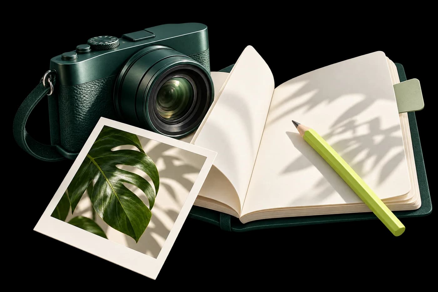 Câmera, caderno de ideias e fotografias para uma rotina de criação.
