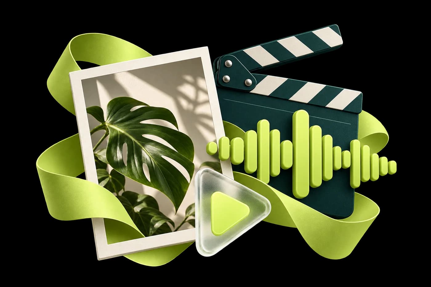Composição de vídeo vertical com claquete e onda sonora.