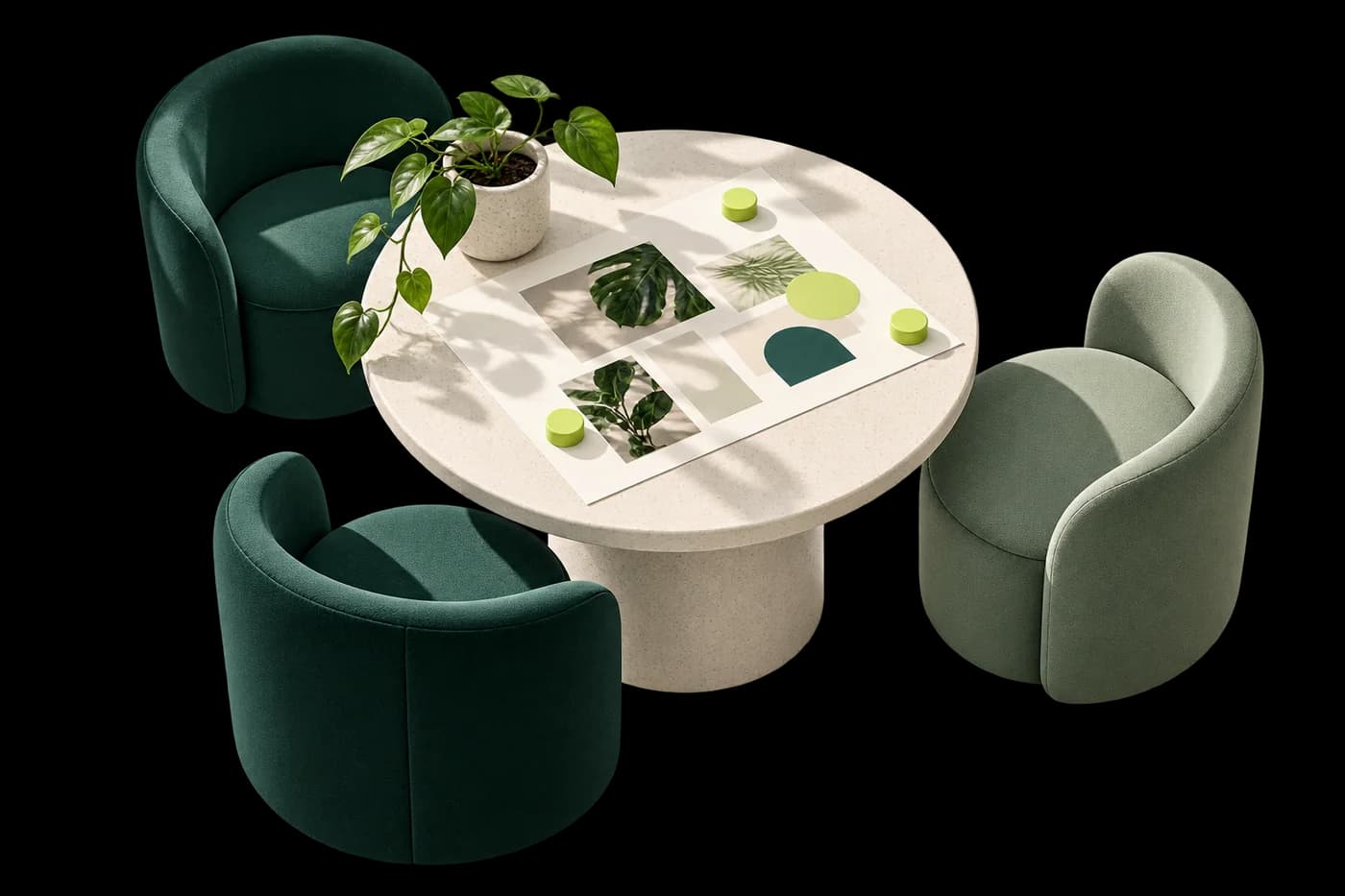 Mesa de trabalho compartilhada com planejamento e lugares para a equipe.